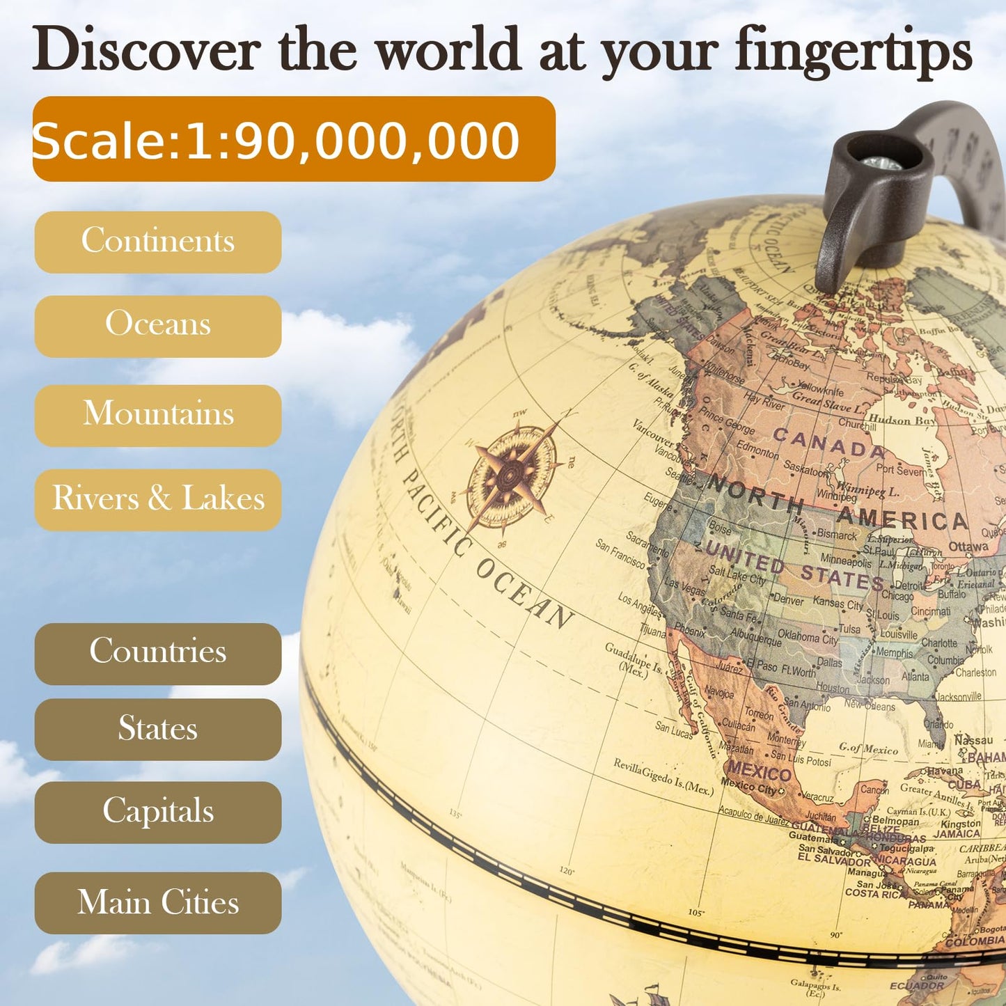 Antique Globe Dia 14cm with Wooden Base and Modern Map