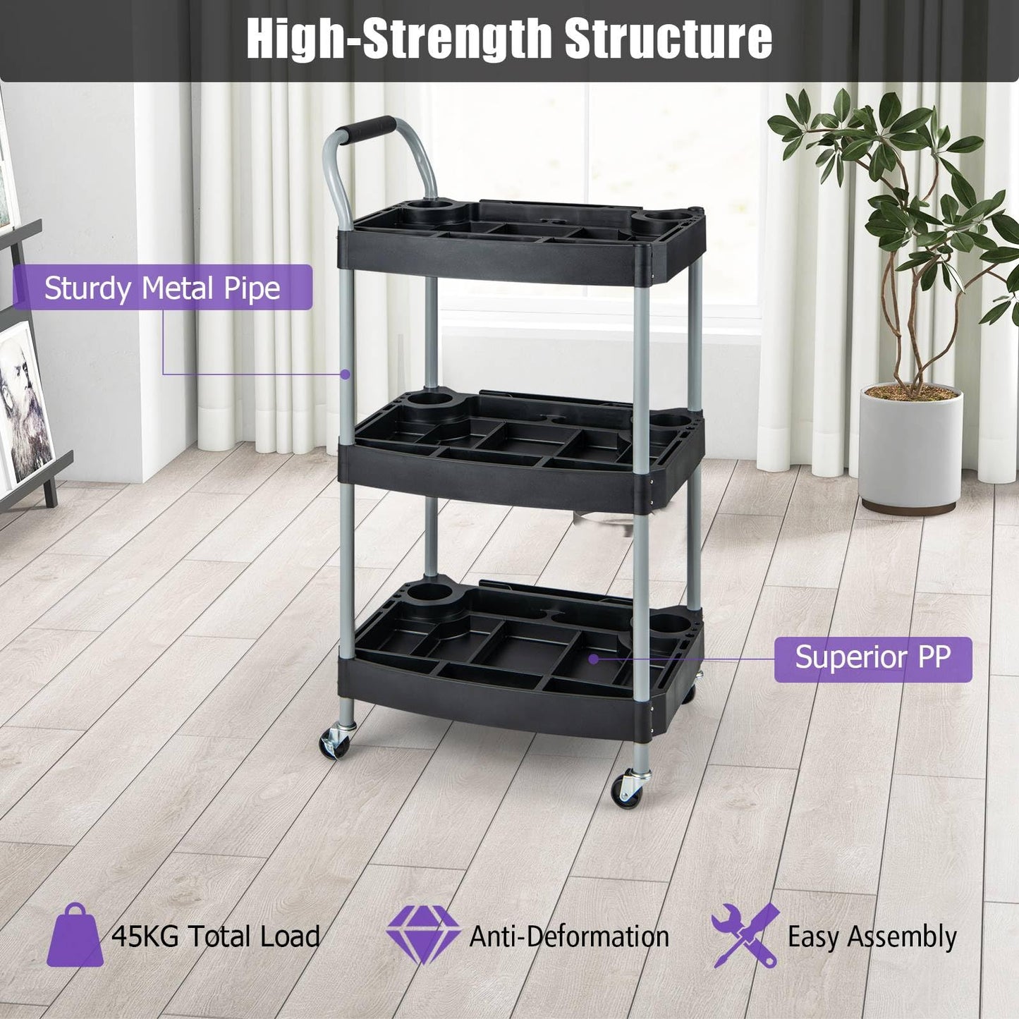 Large Capacity Utility Cart with Multiple Divider, Sponged Handle and Swivel Wheel