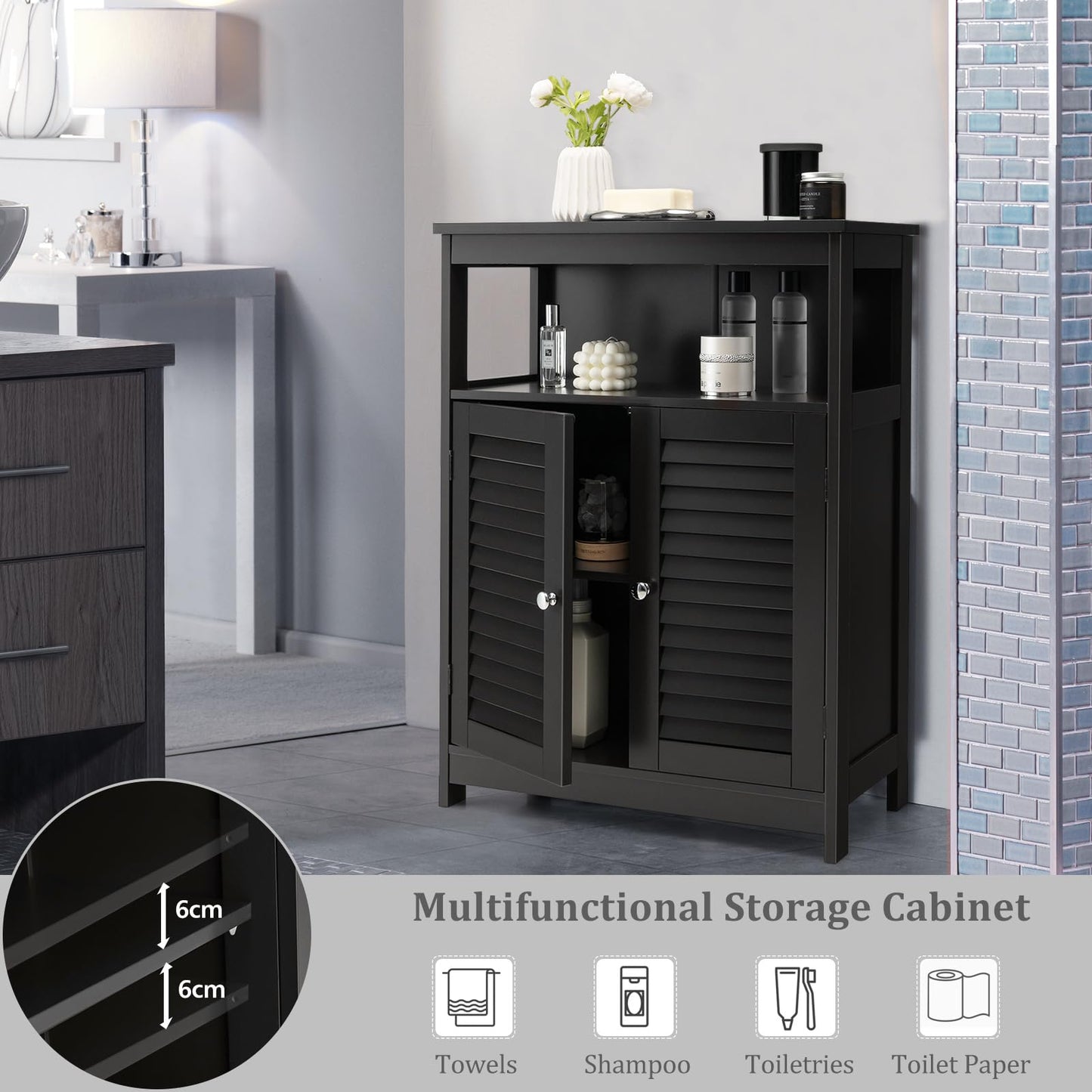 Bathroom Floor Cabinet, Wooden Freestanding Storage Cupboard with Double Shutter Door