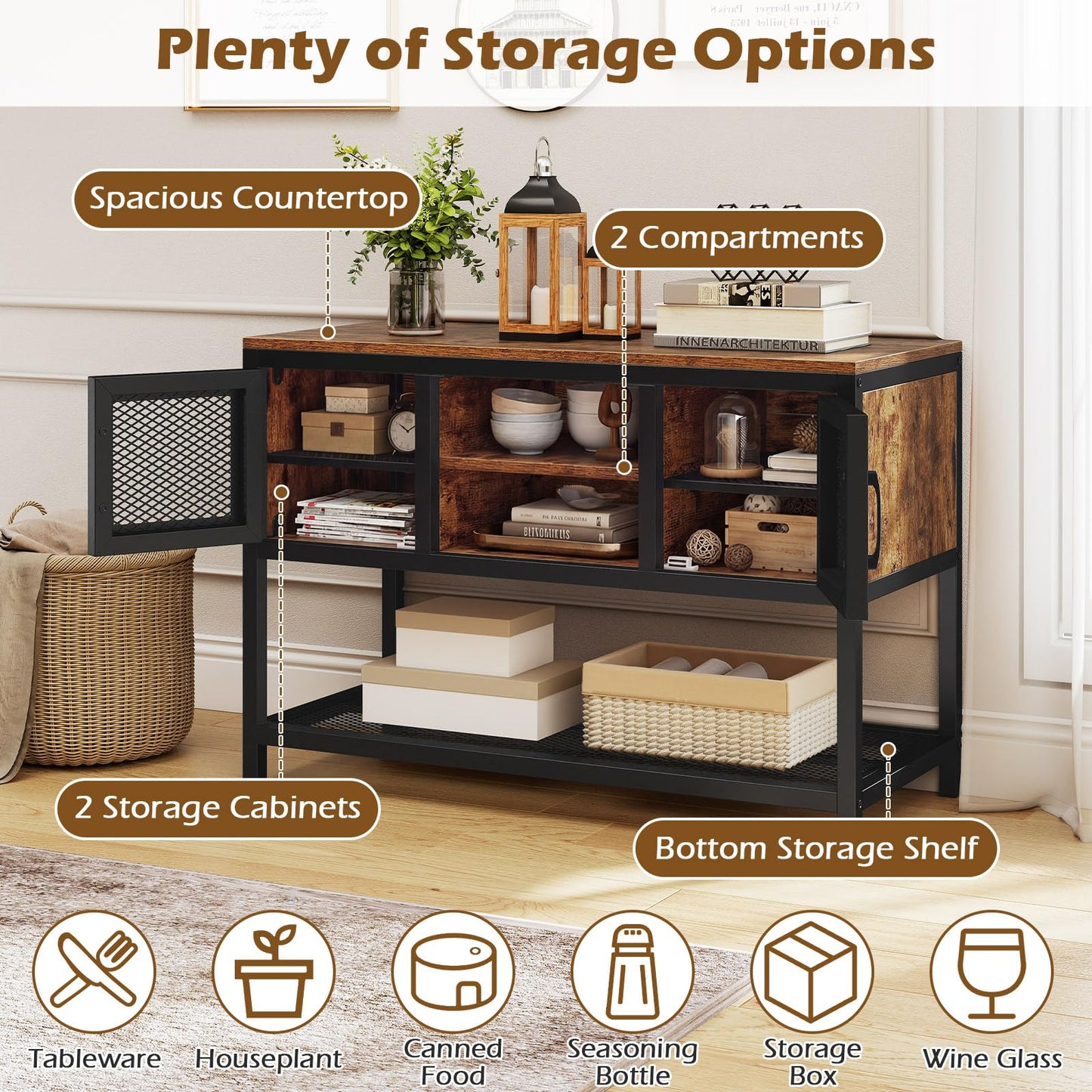 Kitchen Buffet Sideboard, Wooden Storage Cabinet with 2 Metal Mesh Doors