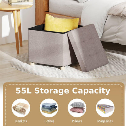 Ottoman with Storage Linen Fabric Footstool with Tray and Rubber Wood Legs