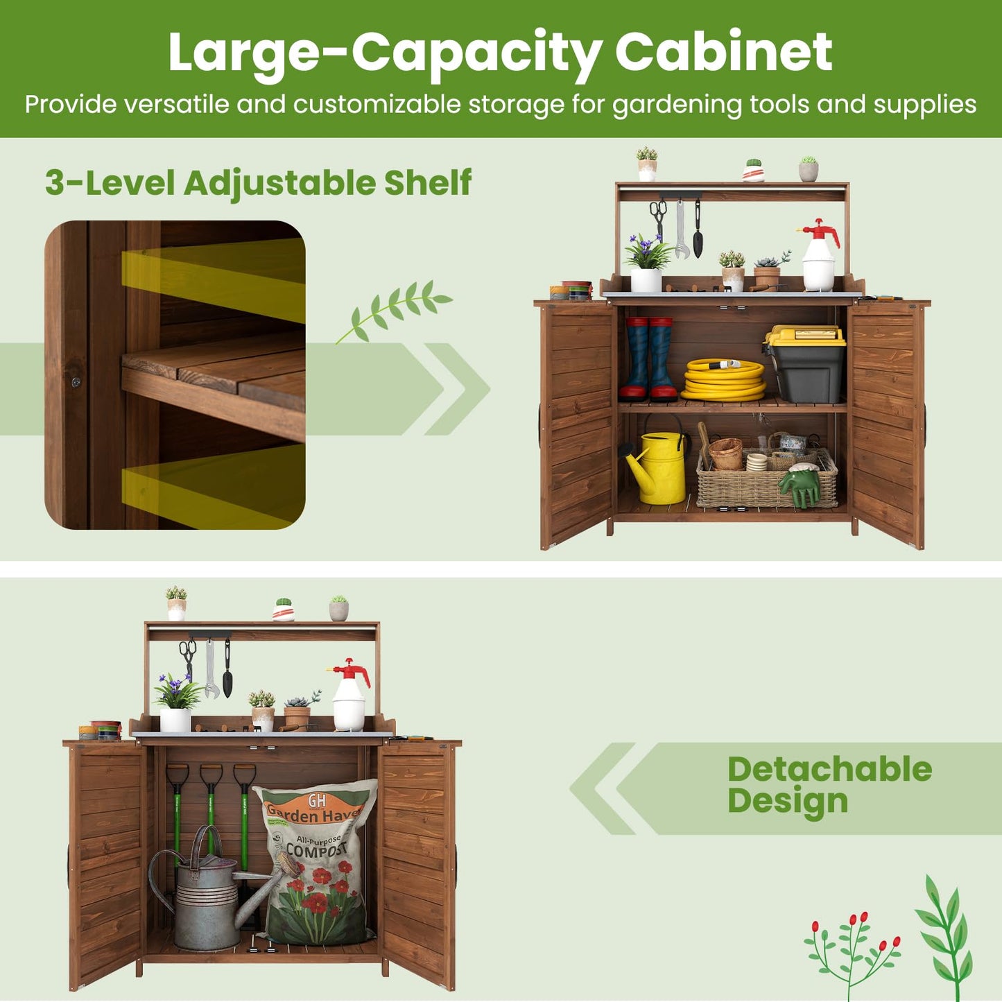 Garden Potting Table, Wooden Potting Bench with Metal-Plated Tabletop