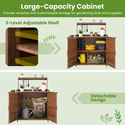 Garden Potting Table, Wooden Potting Bench with Metal-Plated Tabletop