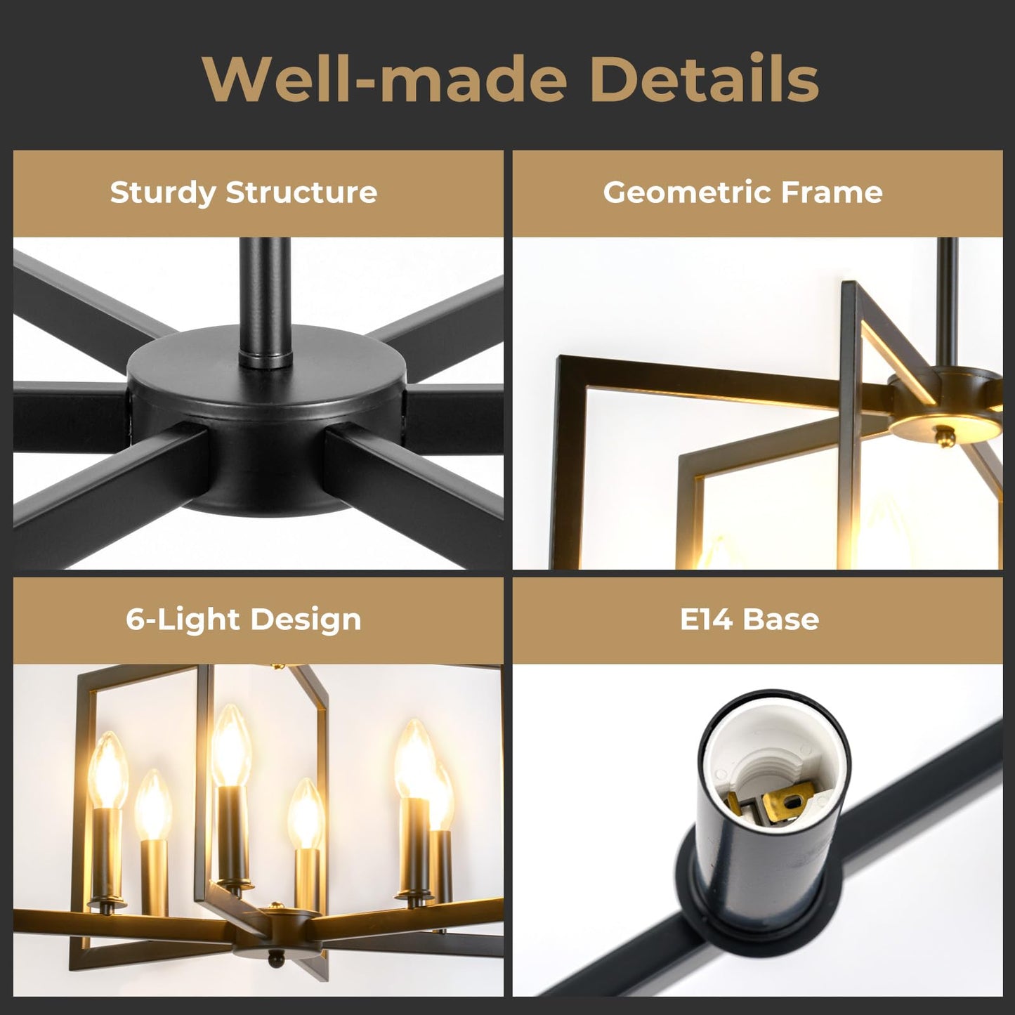 6-Light Black Farmhouse Chandelier with Adjustable Height