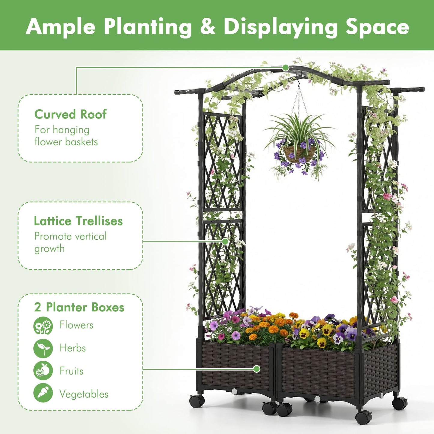 Garden Planter with Trellis & Roof, Self-Watering Raised Garden bed on Lockable Wheels