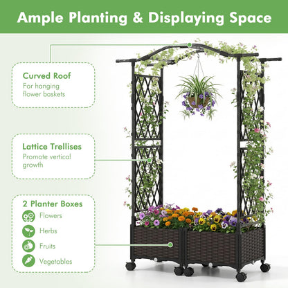 Garden Planter with Trellis & Roof, Self-Watering Raised Garden bed on Lockable Wheels
