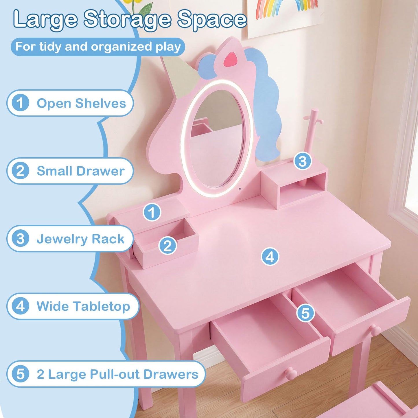 Kids Vanity Set with Lighted Unicorn Mirror & Stool and Jewelry Rack for Girls