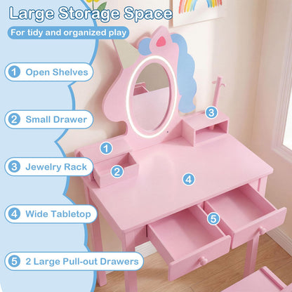 Kids Vanity Set with Lighted Unicorn Mirror & Stool and Jewelry Rack for Girls