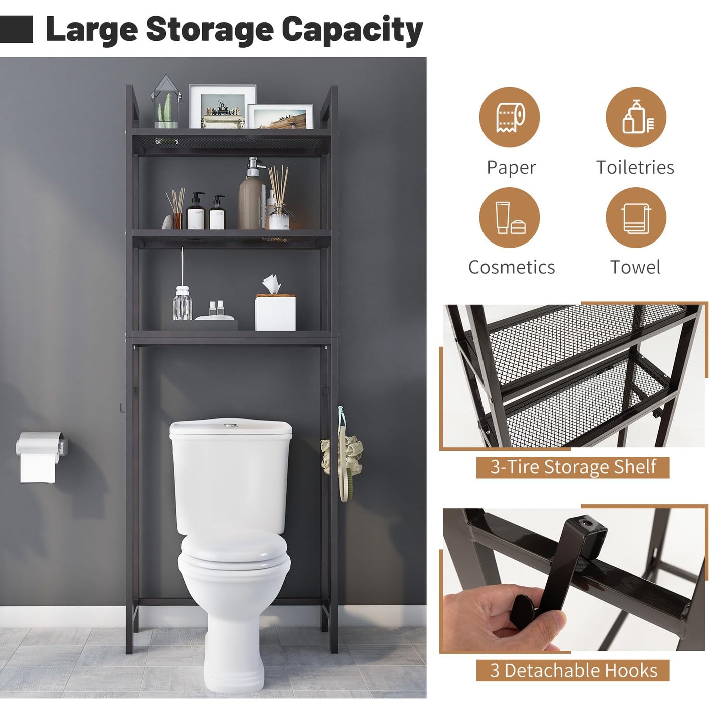 Freestanding Bathroom Shelf Space Saver with 3-Tier Mesh Shelves and 3 Hooks