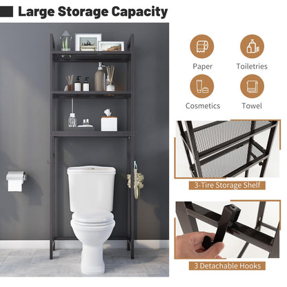Freestanding Bathroom Shelf Space Saver with 3-Tier Mesh Shelves and 3 Hooks