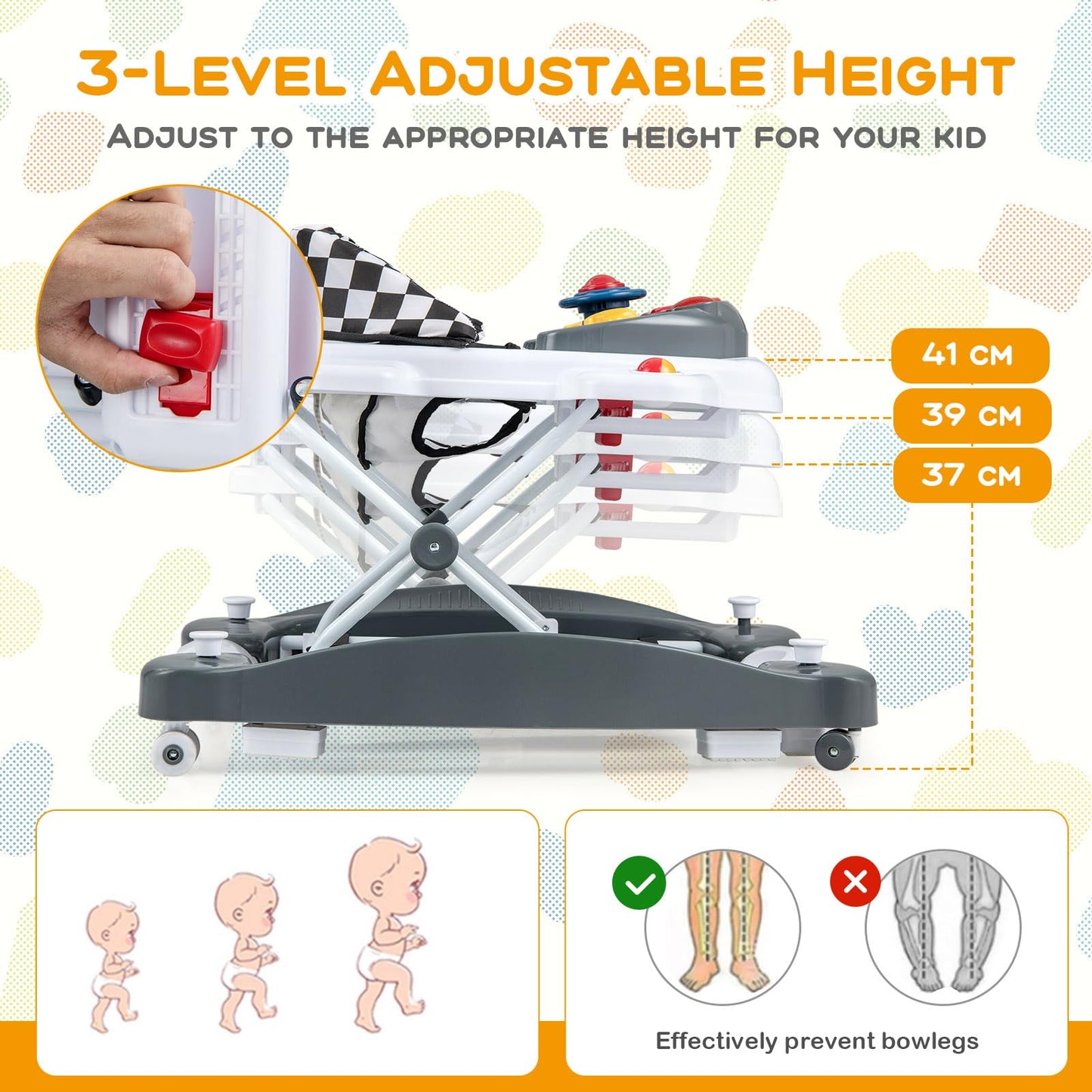 6 in 1 Foldable Push Along Walkers with 3 Adjustable Heights