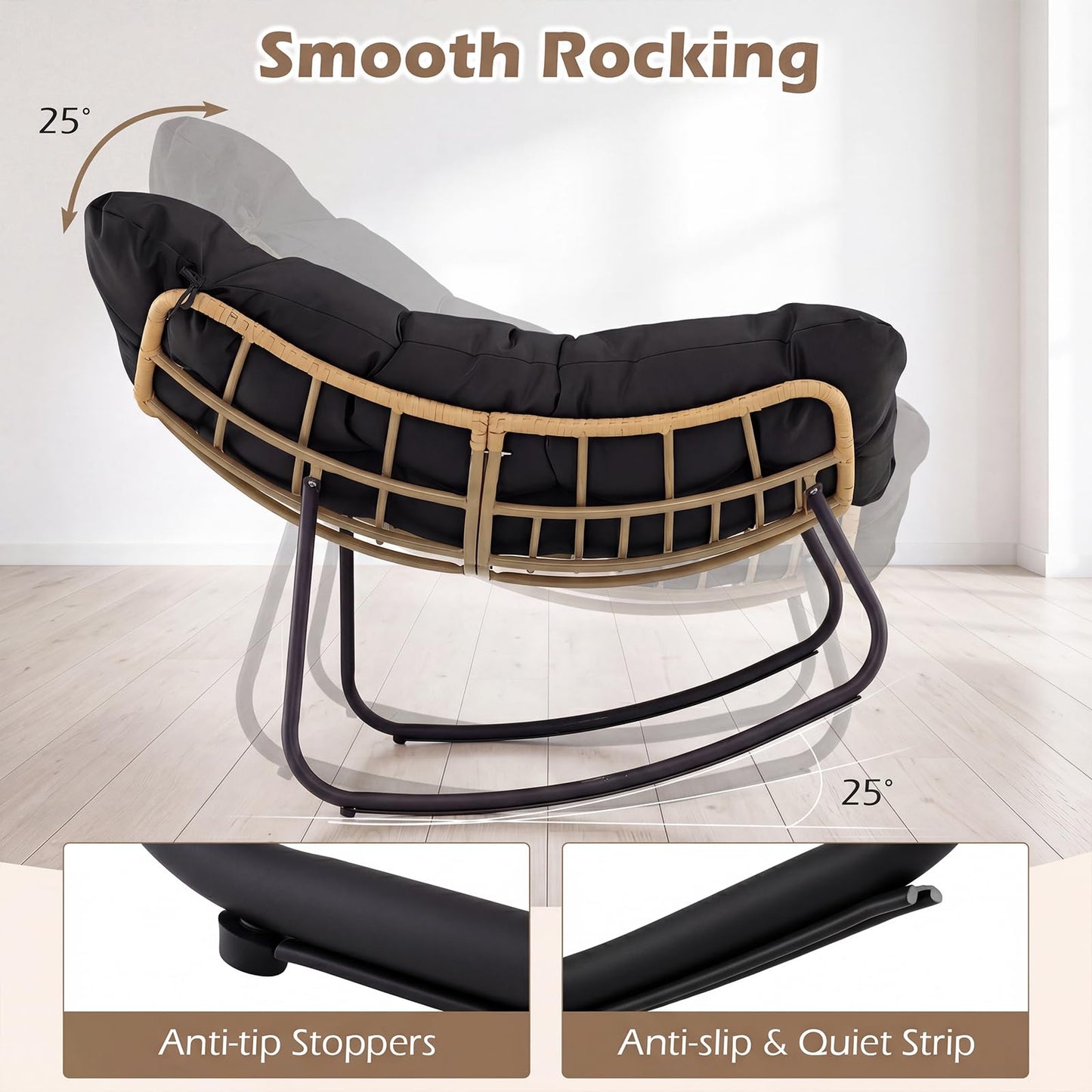 Outdoor Rocking Chair, Oversized Patio Wicker Egg Chair with Thick and Removable Cushion