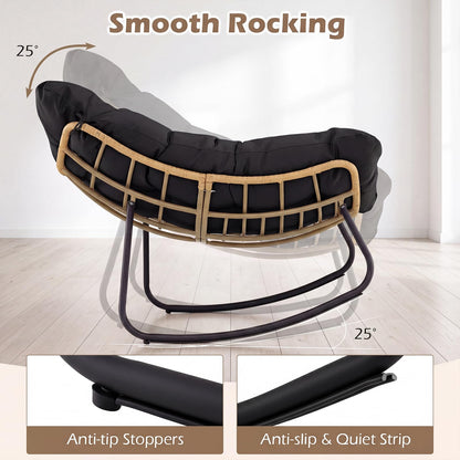 Outdoor Rocking Chair, Oversized Patio Wicker Egg Chair with Thick and Removable Cushion
