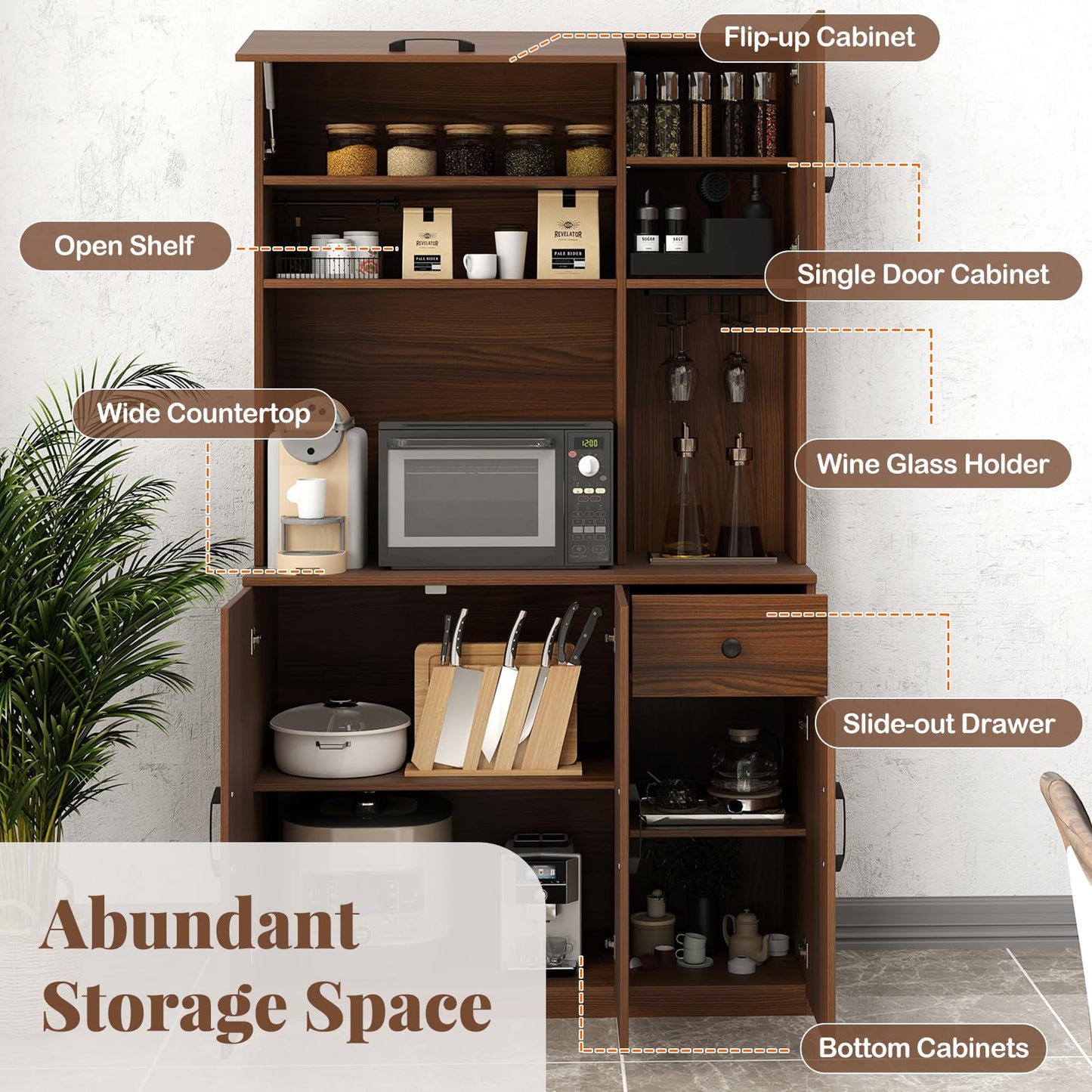 167cm Tall Pantry Cabinet with Hutch and Power Outlets