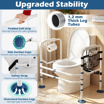 Adjustable Height and Width Toilet Safety Rails with Non-Slip Grip and Suction Legs