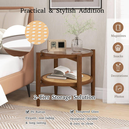 2-Tier PE Rattan Round Side End Table with Tempered Glass Tabletop