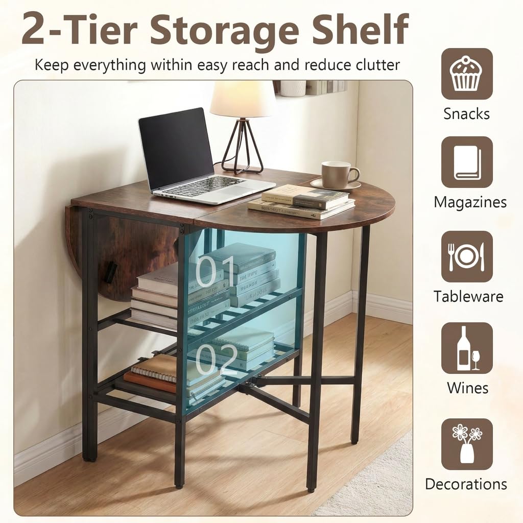 GiantexUK Folding Dining Table, Extendable Drop Leaf Table with Metal Frame & Storage Shelves