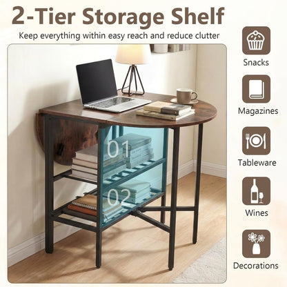 GiantexUK Folding Dining Table, Extendable Drop Leaf Table with Metal Frame & Storage Shelves