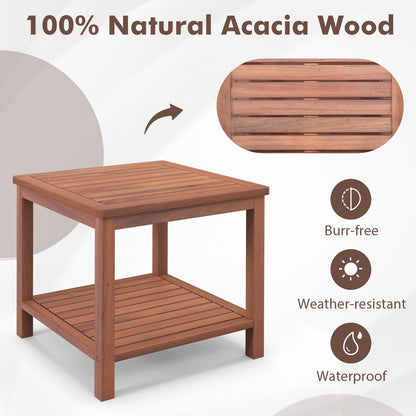Solid Acacia Wood Outdoor Coffee Table with 2-Tier Storage Shelves