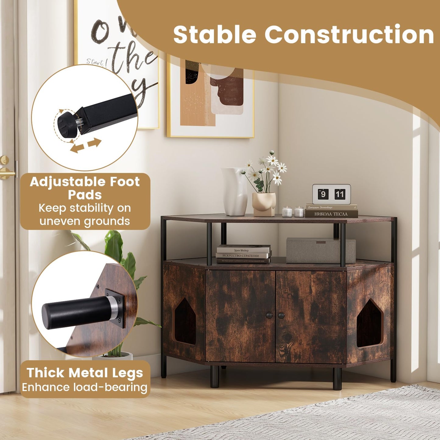 Corner Cat Litter Box Enclosure with Open Shelf