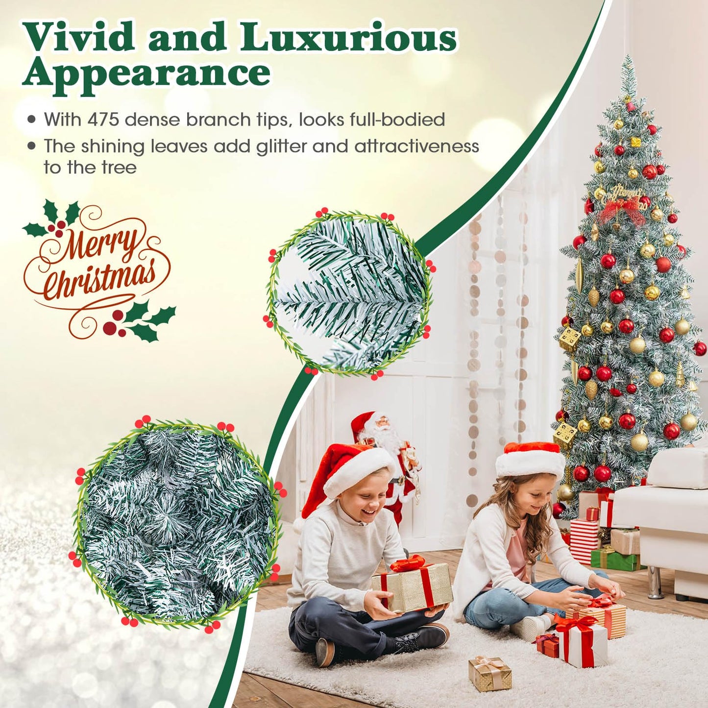 150/180 CM Slim Pencil Christmas Tree with 343/475 Branch Tips and 190/250 Colorful LED Lights