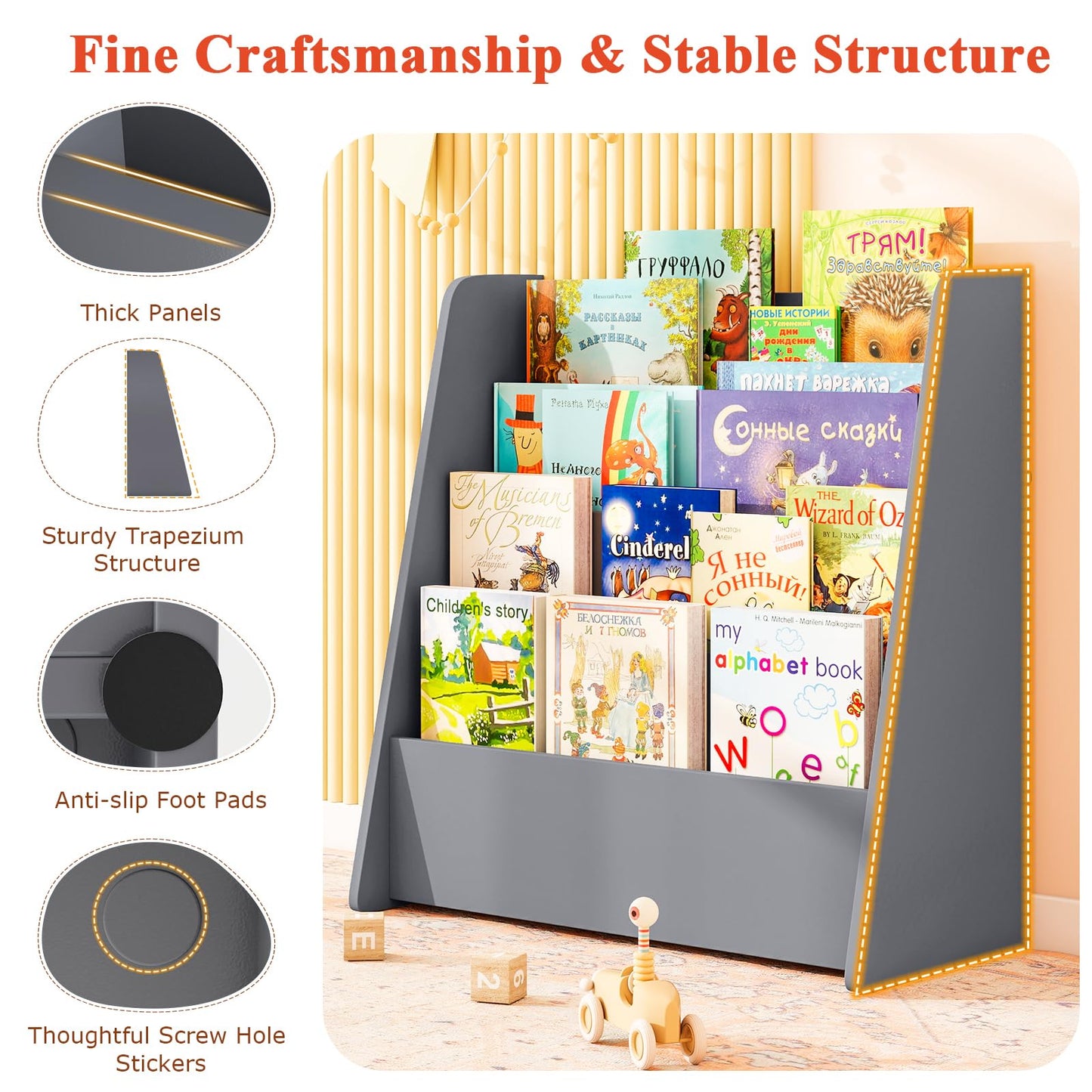 4-Tier Kids Bookshelf with Deep Compartments for Kids Bedroom