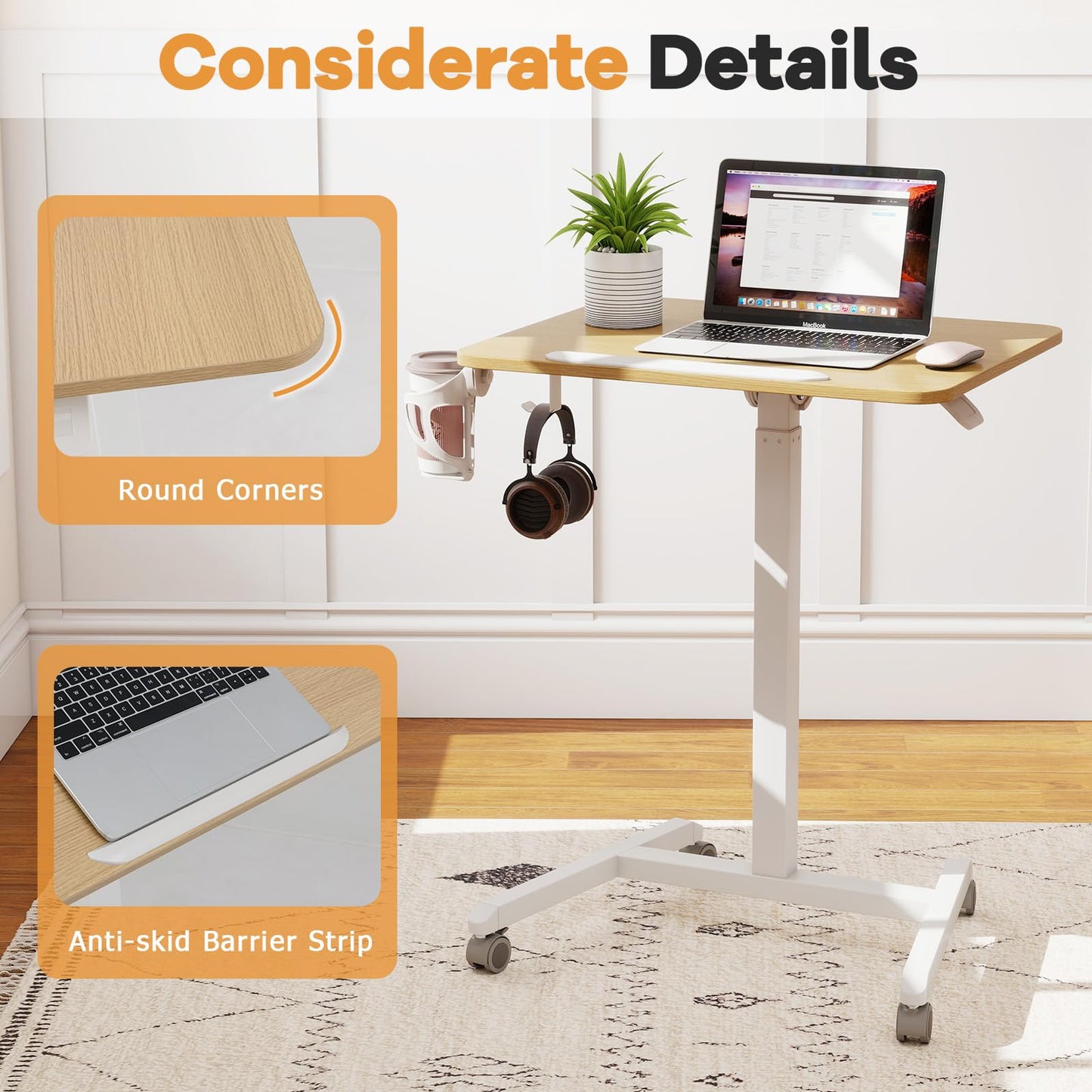 Foldable Mobile Standing Desk Portable Computer Workstation with Hook and Cup Holder