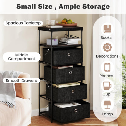 4 Drawer Fabric Dresser Tower with Wood Top and Open Shelf