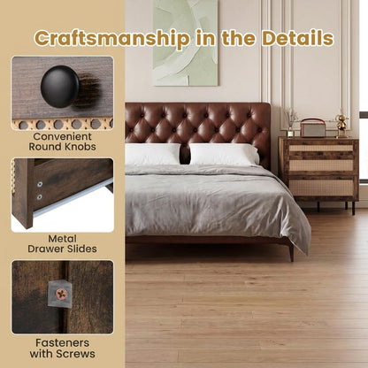 Chest of Drawers, 3-Drawer Boho Storage Dresser (Rustic Brown) | 75 cm Rattan Dresser Organizer Unit