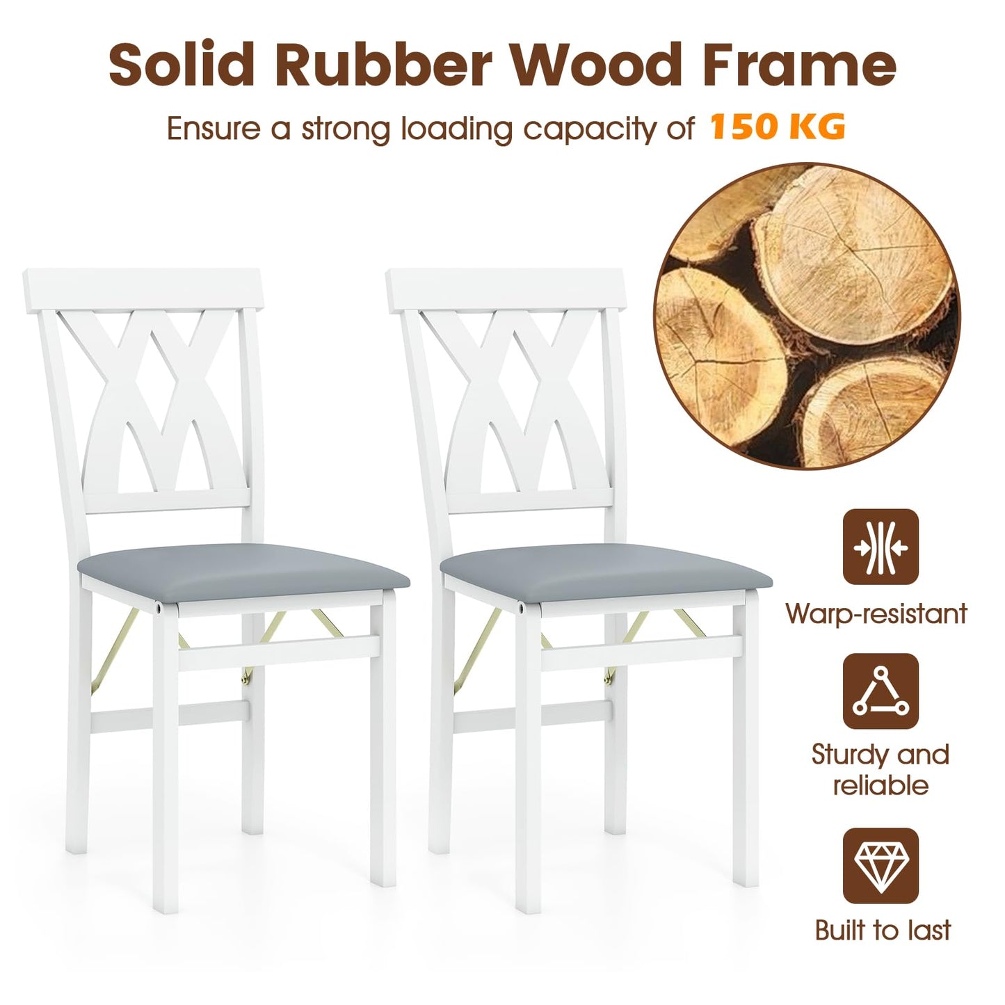 Folding Wooden Dining Chair Set of 2 Faux Leather Upholstered Chairs