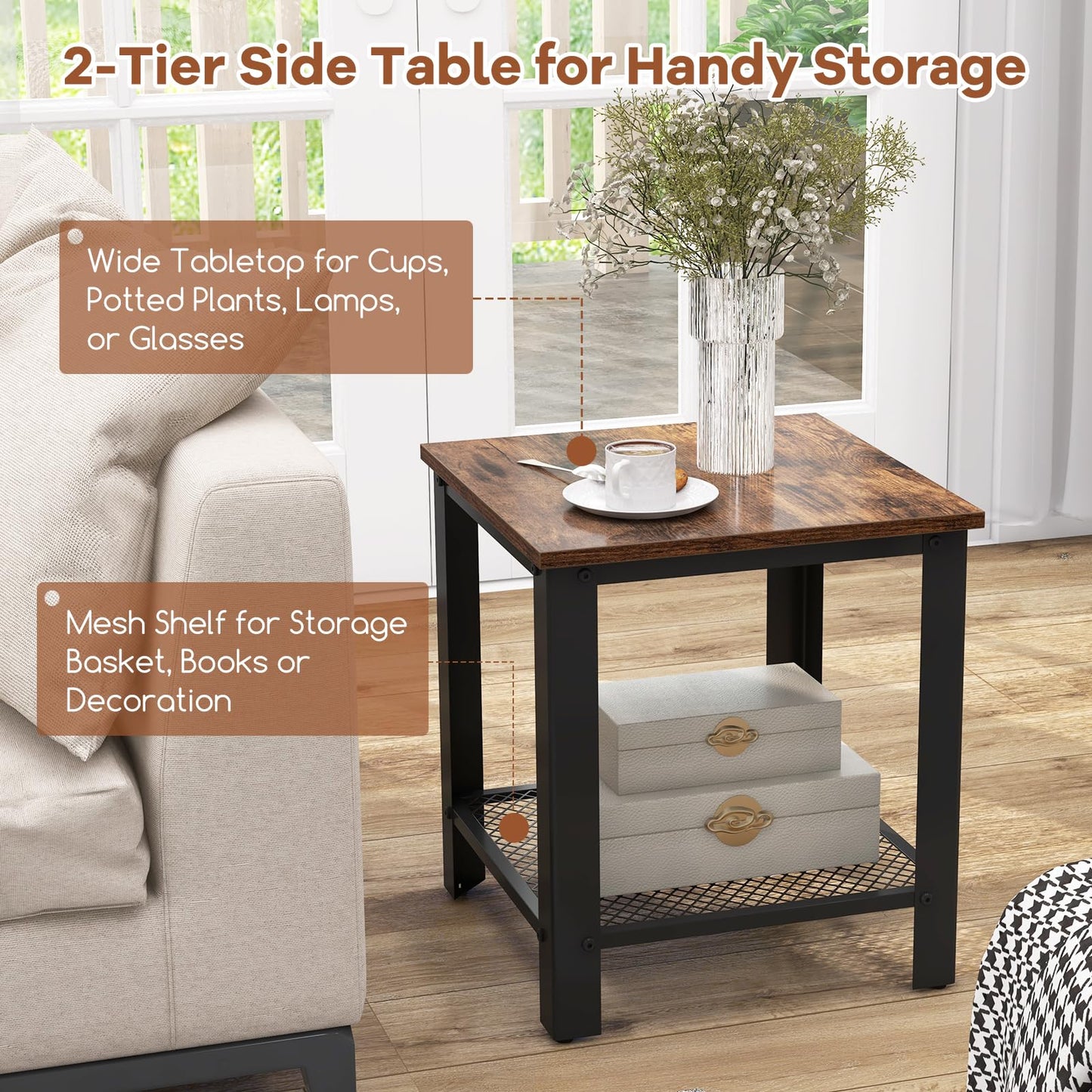 2 Tier End Table Square Sofa Side Table with Mesh Shelf