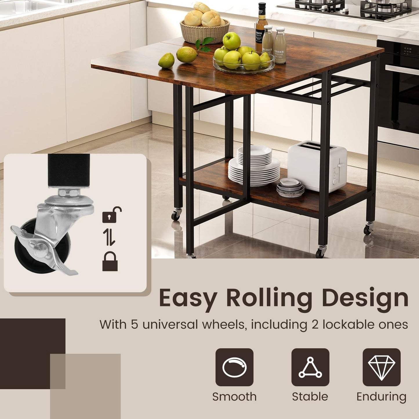 Folding Dining Table, Mobile Kitchen Table with 5 Wheels