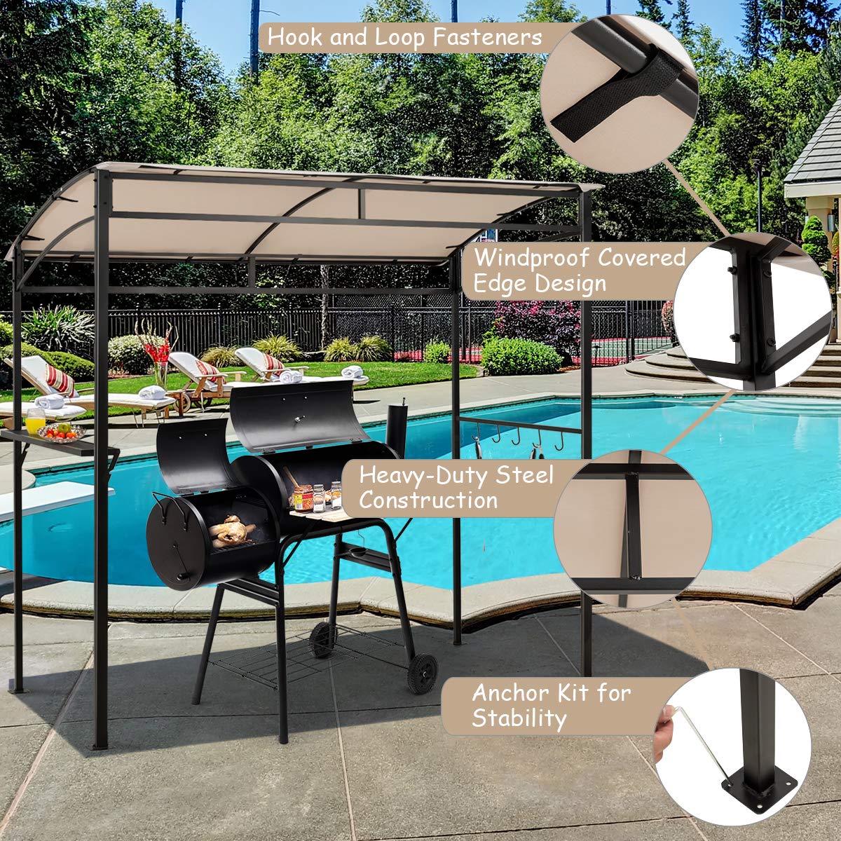 Outdoor Grill Gazebo with Serving Shelf and Storage Hooks