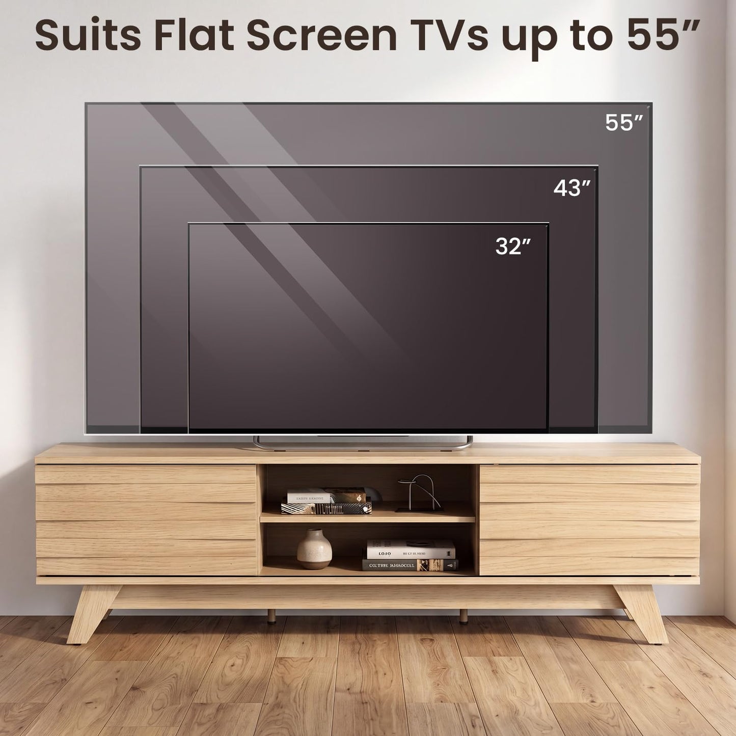 TV Unit for 55 Inch TVs, 145cm Wooden TV Stand Cabinet with 2 Sliding Doors and Adjustable Storage Shelf