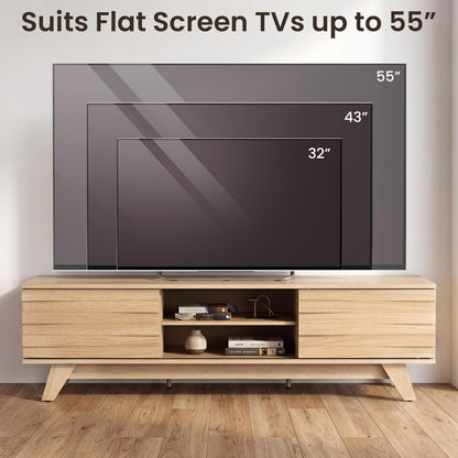 TV Unit for 55 Inch TVs, 145cm Wooden TV Stand Cabinet with 2 Sliding Doors and Adjustable Storage Shelf