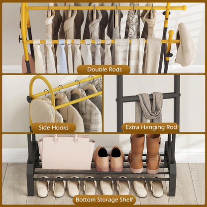 Double Rods Garment Rack Freestanding Clothing Rack with 5 Hooks
