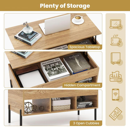 Lift Top Coffee Table with Large Hidden Compartment and 3 Open Cubbies