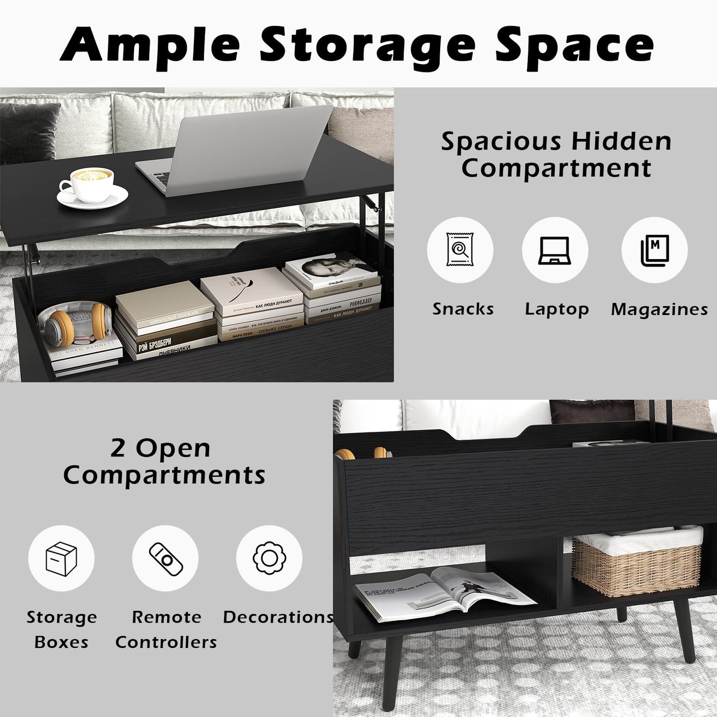 Lift Up Top Coffee Table with Hidden Storage Compartment and Open Shelf