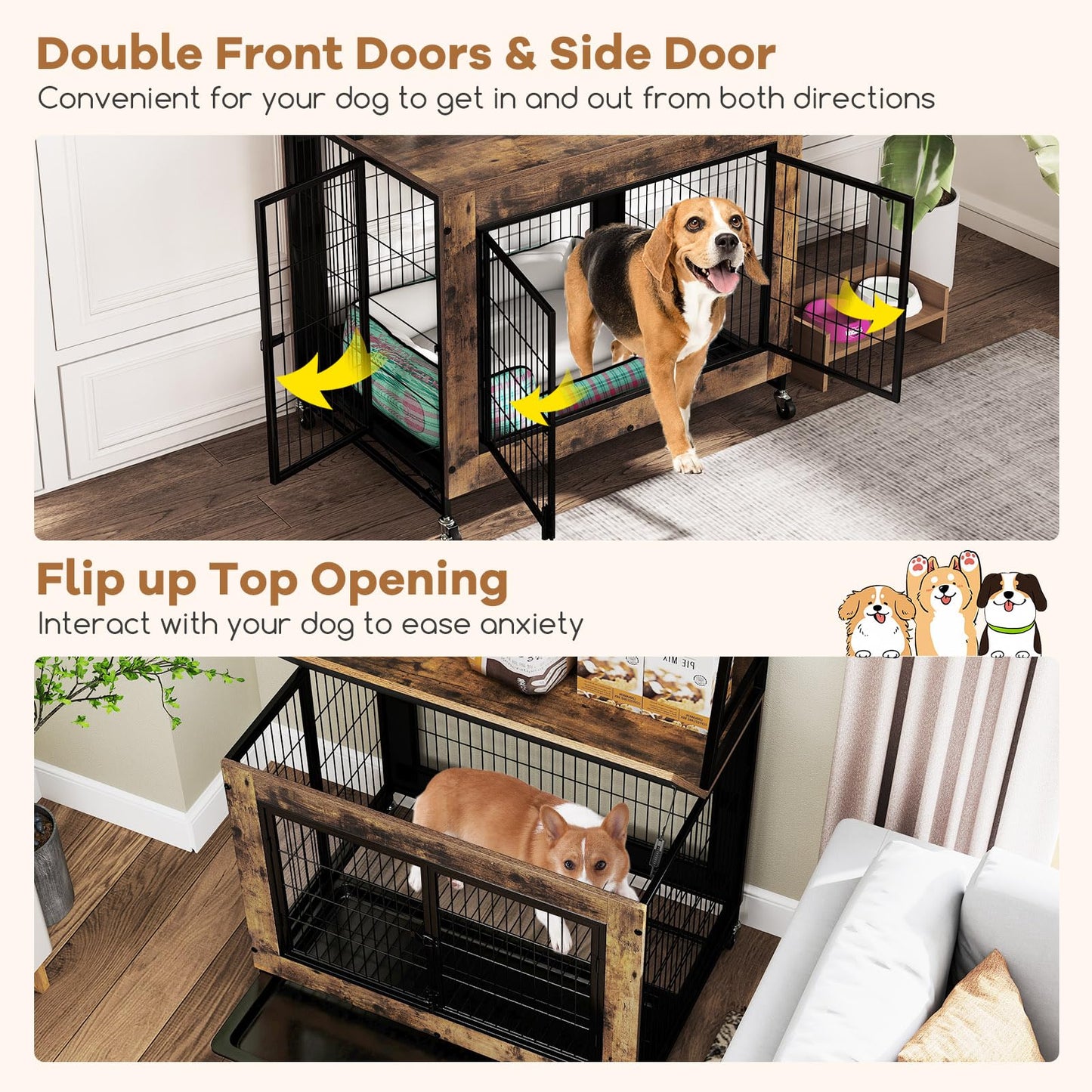 Wooden Dog Cage on Wheels with Storage Shelves