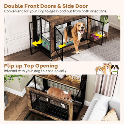 Wooden Dog Cage on Wheels with Storage Shelves