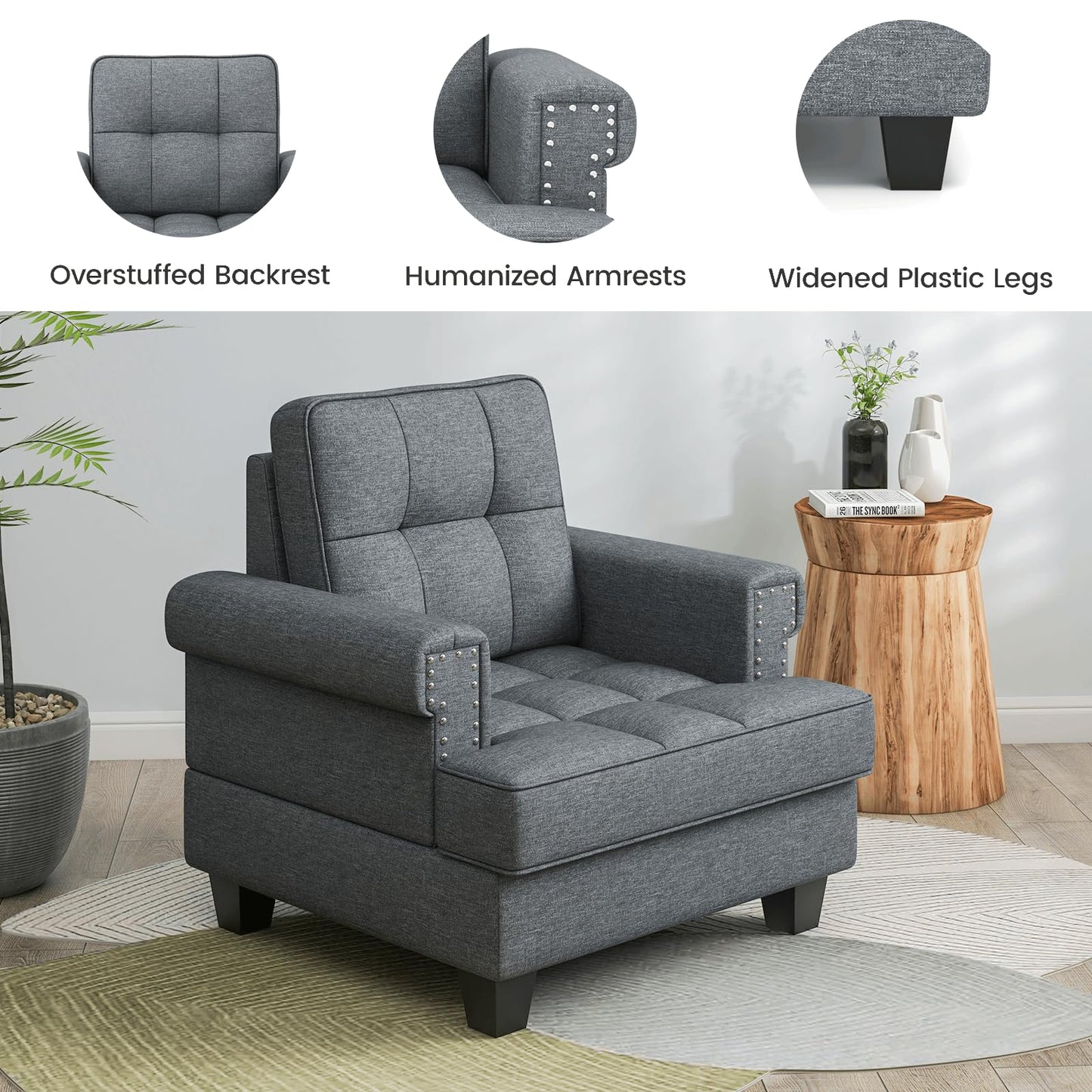 Mid-century Modern Accent Armchair Tufted Linen Club Chair with Extra Pillow
