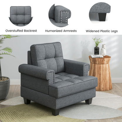 Mid-century Modern Accent Armchair Tufted Linen Club Chair with Extra Pillow