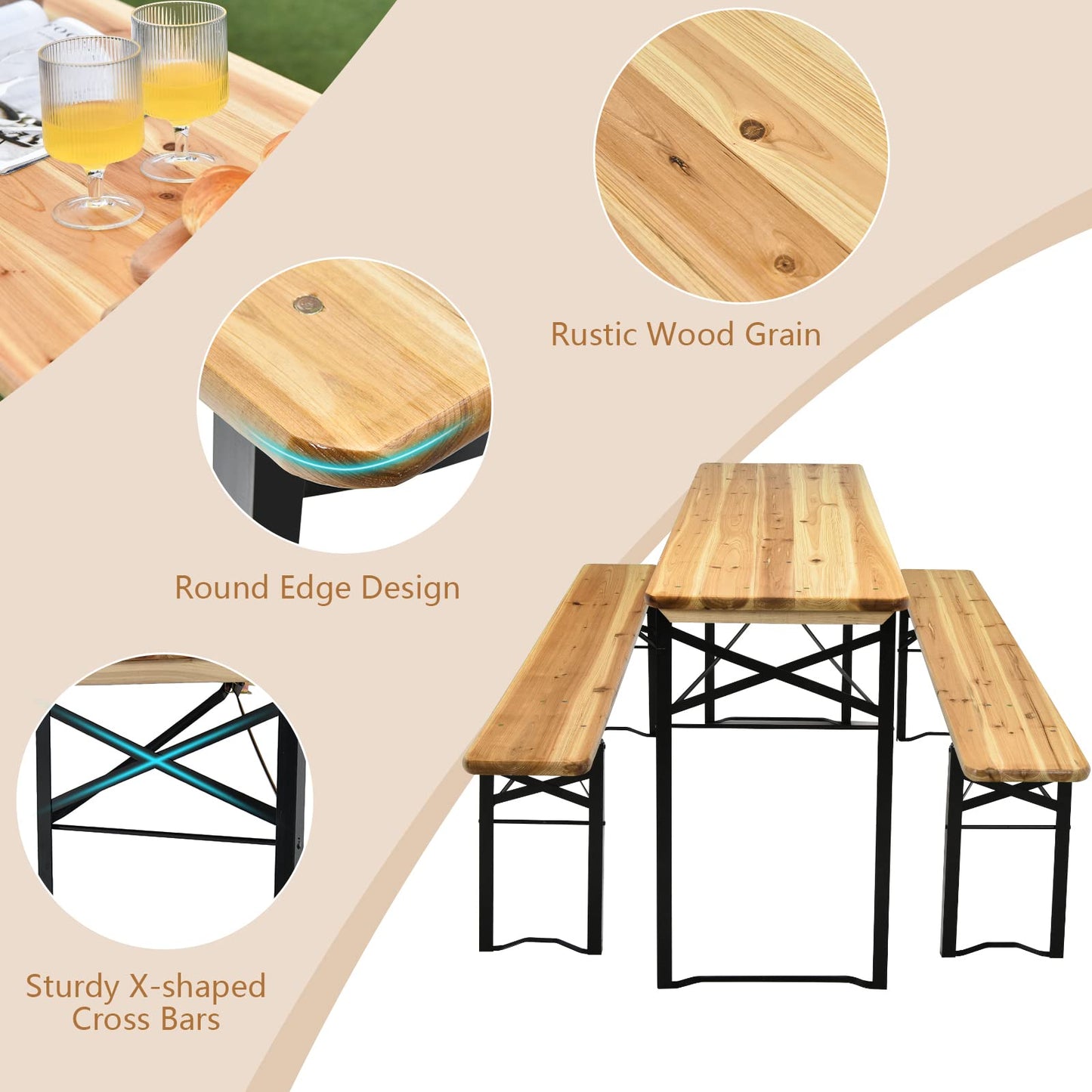 3 Pieces Folding Picnic Table and Bench Set Wooden Beer Table Set