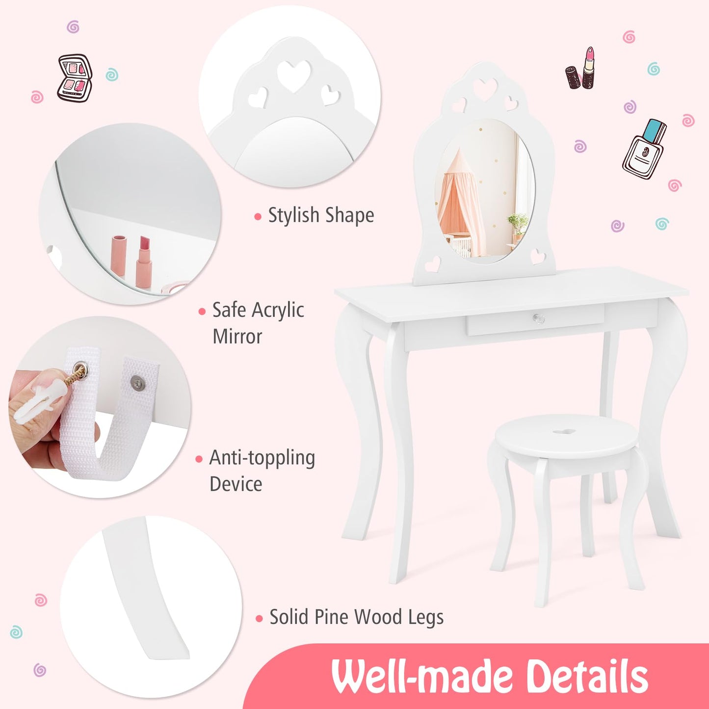 Kids Vanity Table and Stool 2 in 1 with Removable Mirror and Drawer