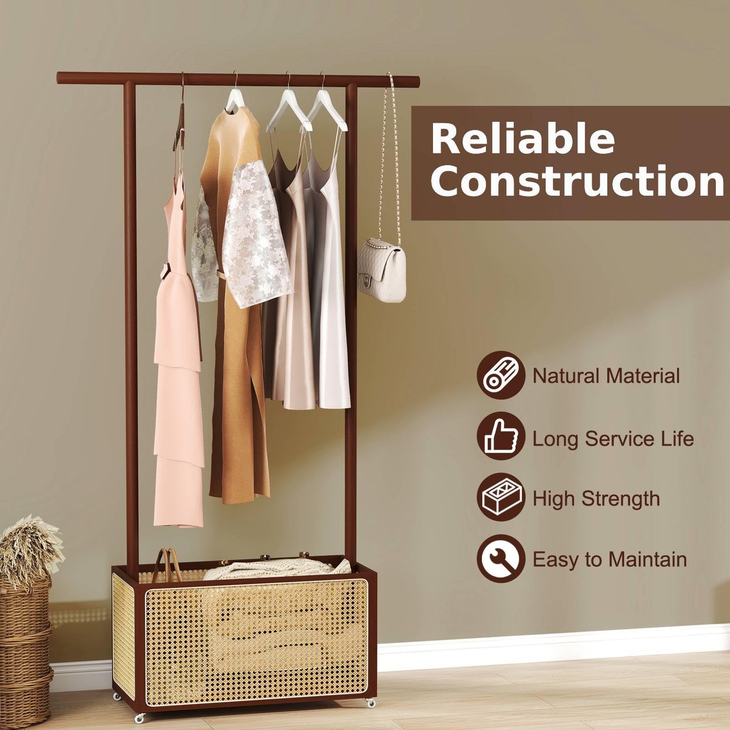 Bamboo Clothes Rack 2-In-1 Clothing Hanging Rail