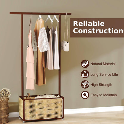 Bamboo Clothes Rack 2-In-1 Clothing Hanging Rail