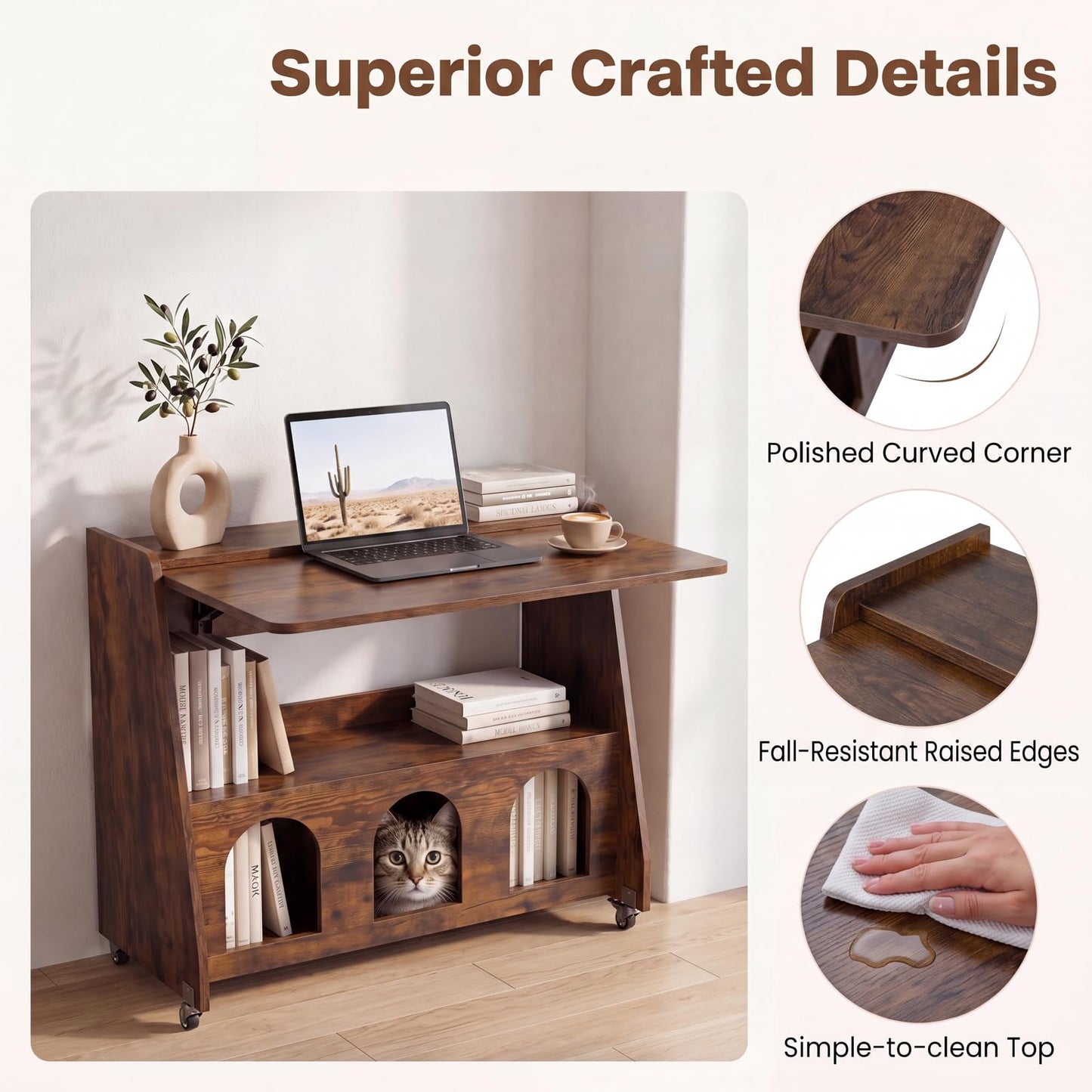 Folding Desk on Wheels, Convertible Drop Leaf Writing Desk
