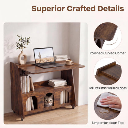 Folding Desk on Wheels, Convertible Drop Leaf Writing Desk