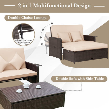 4-Level Adjustable Patio Wicker Loveseat Sofa Bed Sun Lounger with Storage Ottoman