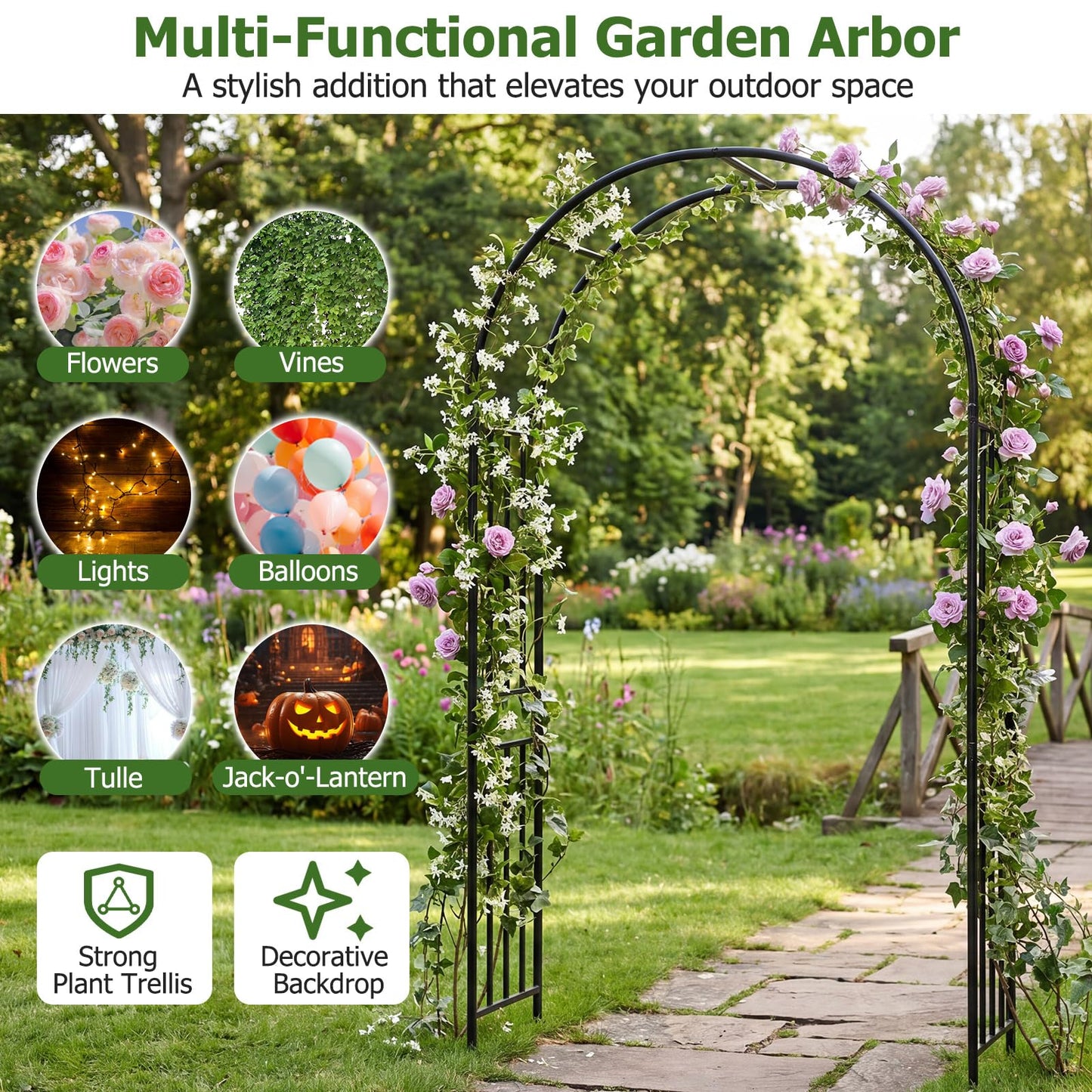Metal Garden Arch, Large Archway Trellis Pergola Arbour for Rose Vines Climbing Plant, Patio Arbor Decoration Stand